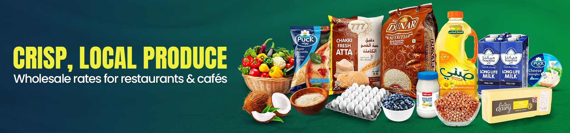 Banner featuring crisp local produce, wholesale food items for restaurants including fresh vegetables, rice, flour, eggs, dairy, oils,packaged goods.